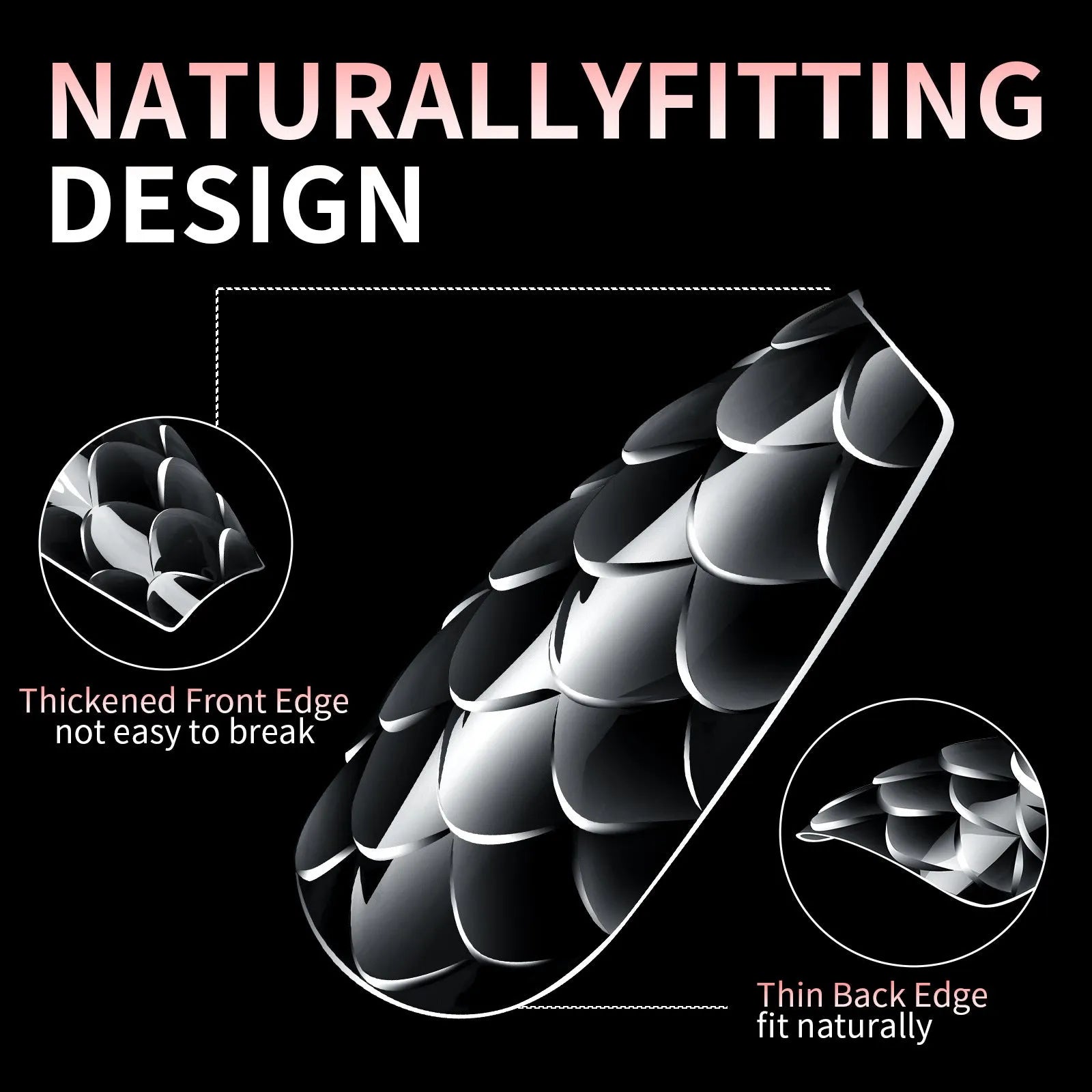 3D scale long shaping artificial nail tips with deep C-curve in Frigate Box colour options