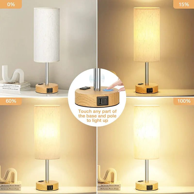 Night wood grain decorative table lamp with metal base and three-gear touch dimming