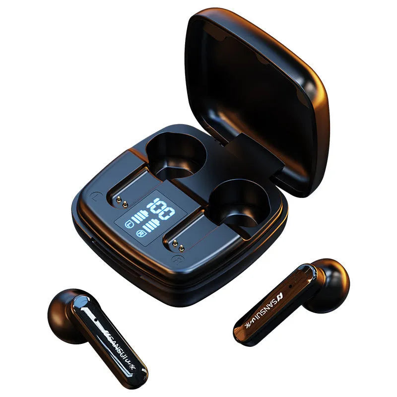 Pair of black semi-in-ear wireless Bluetooth earphones showing battery display.