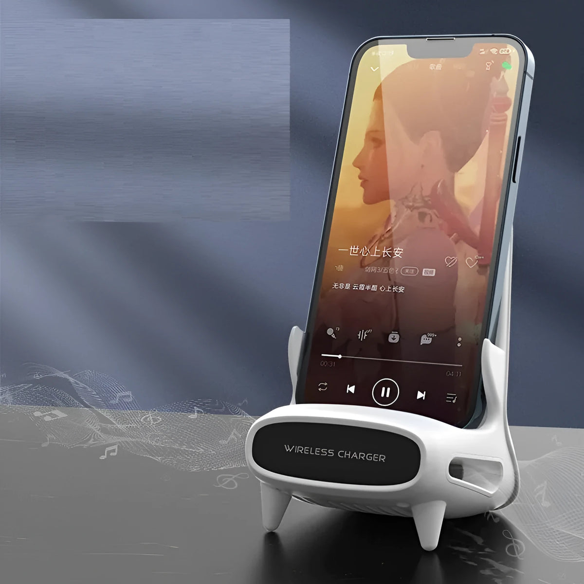 White 15W vertical wireless fast charging stand for mobile phone and tablet with Type-C input