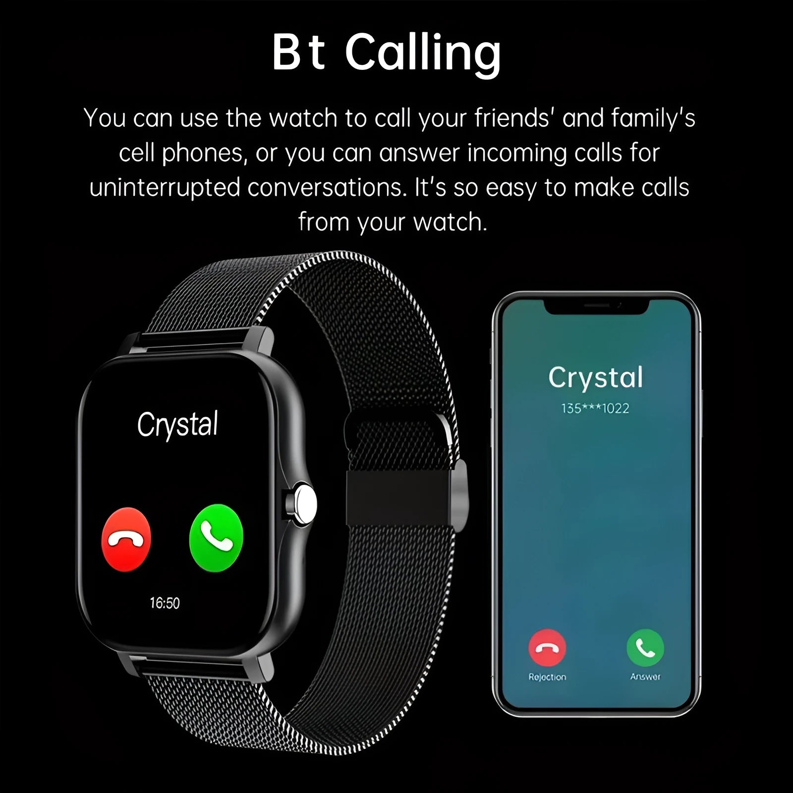 Smart watch with 1.44-inch colour touch screen displaying a heart rate graph, with a black steel strap on a wrist.