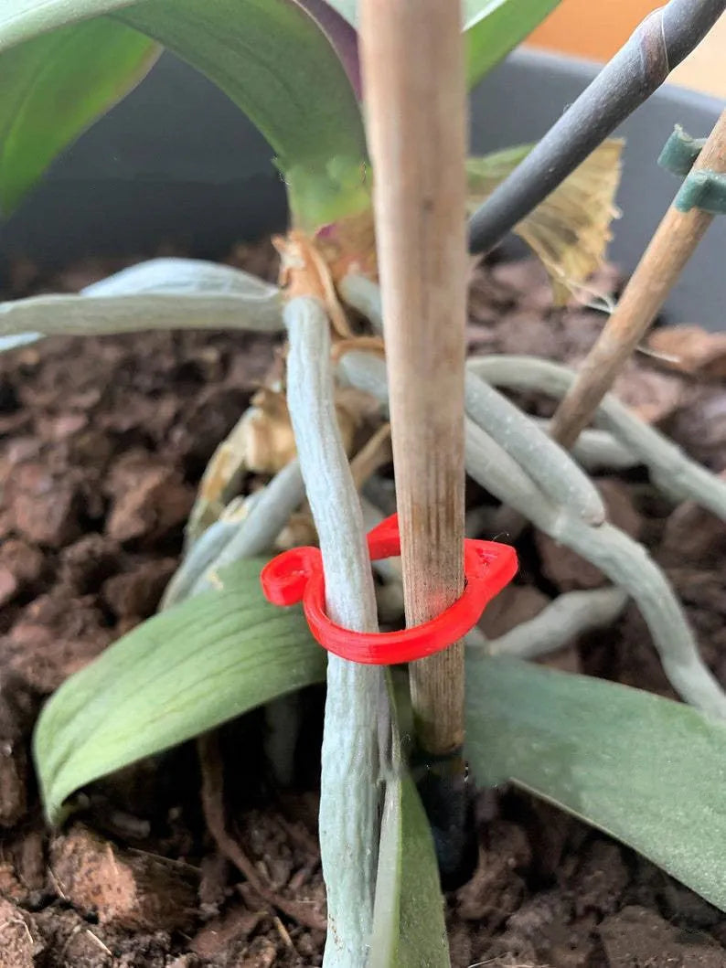 Colourful plastic cat-shaped clip for plant pots in red, yellow, green, and white.