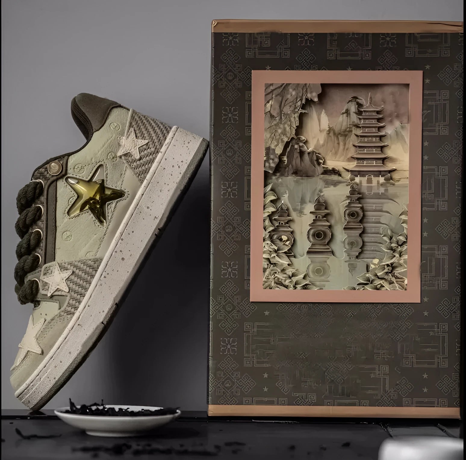 Green Small Crowd Original low-top sneakers with star pattern stitching and thick rubber sole on a white background.