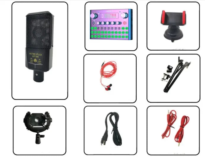 F007plus wireless live broadcast sound card with condenser microphone on its included bracket