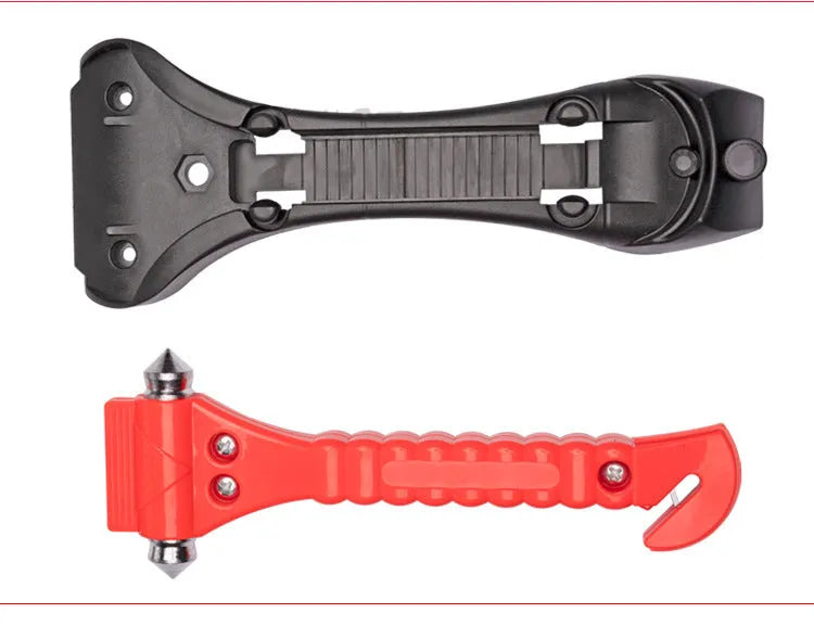 Red two-in-one car emergency hammer with window breaker and seatbelt cutter functions
