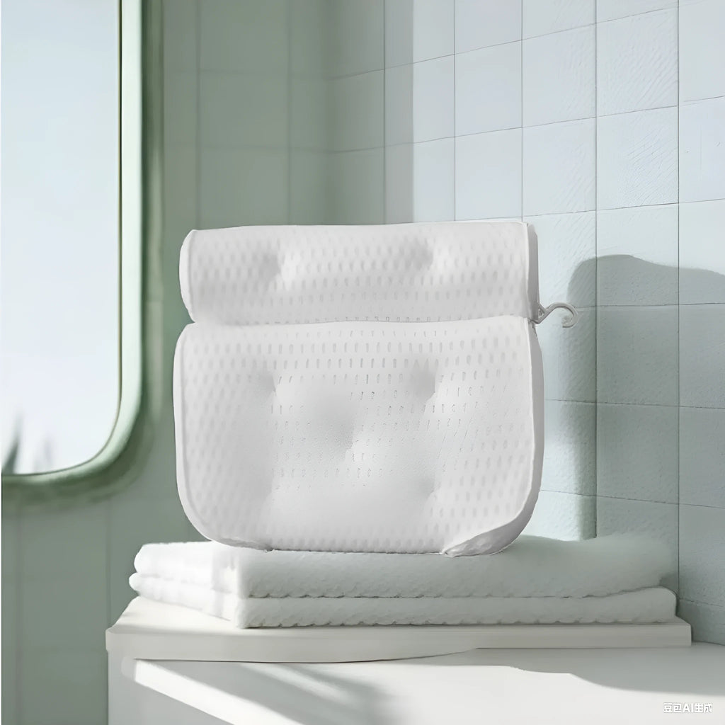 White bathtub pillow with 4D mesh fabric and seven suction cups on a bathtub.
