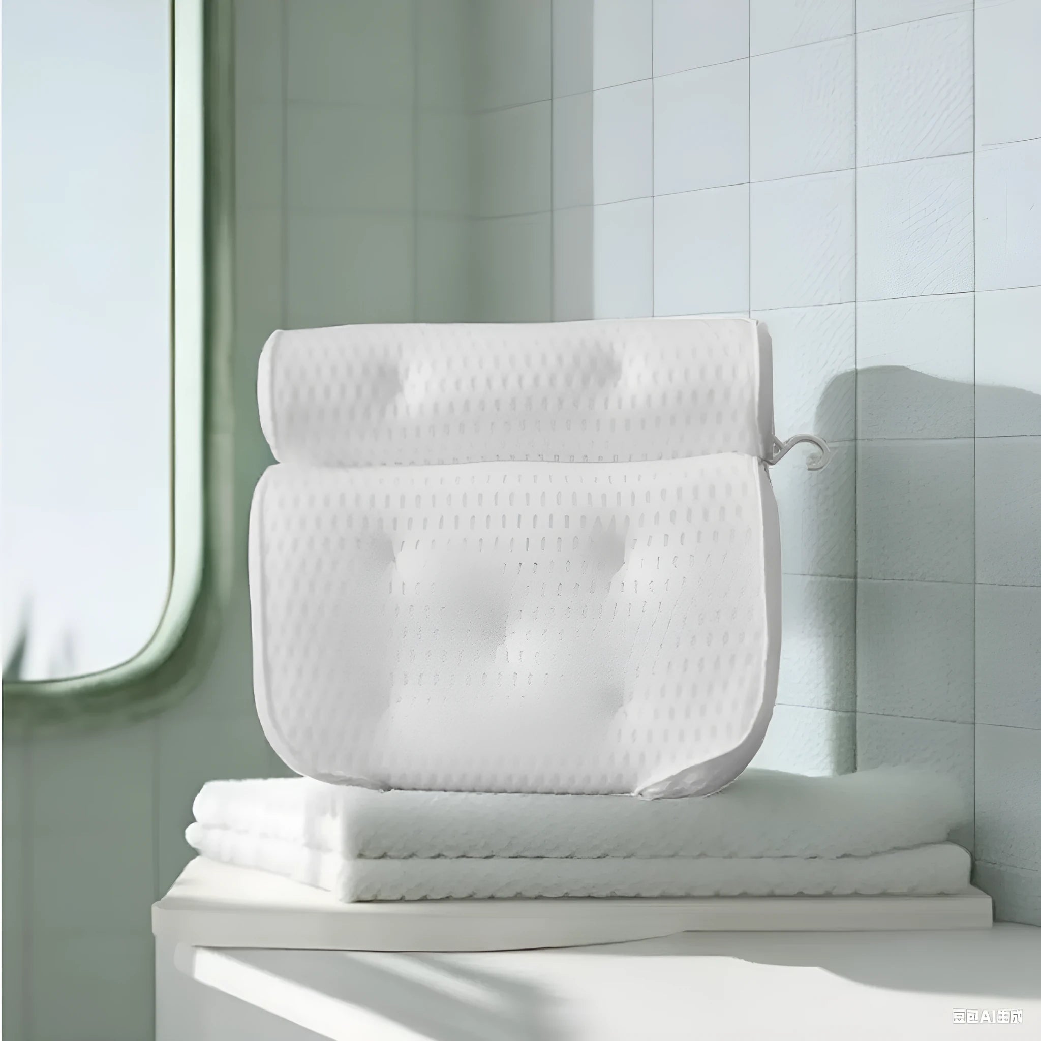 White bathtub pillow with 4D mesh fabric and seven suction cups on a bathtub.
