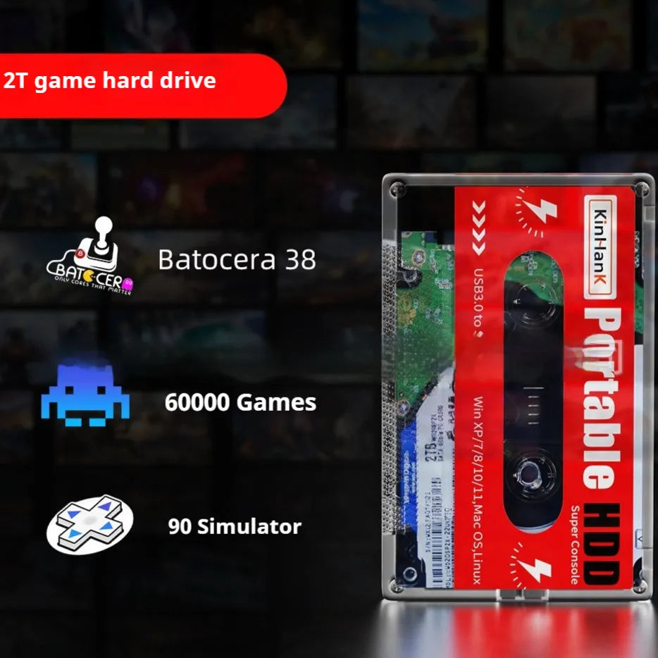 2TB external mechanical hard drive for mobile gaming with USB cable in compact PC housing