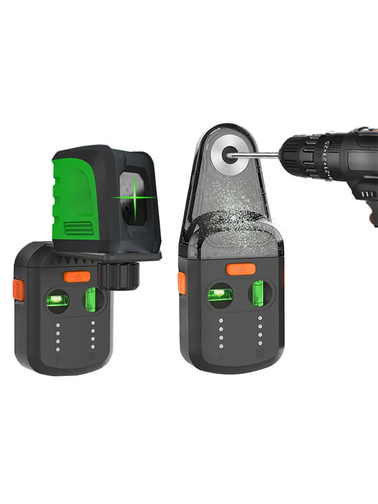 Red laser level and dust collection bracket mounted on an electric hammer drill.