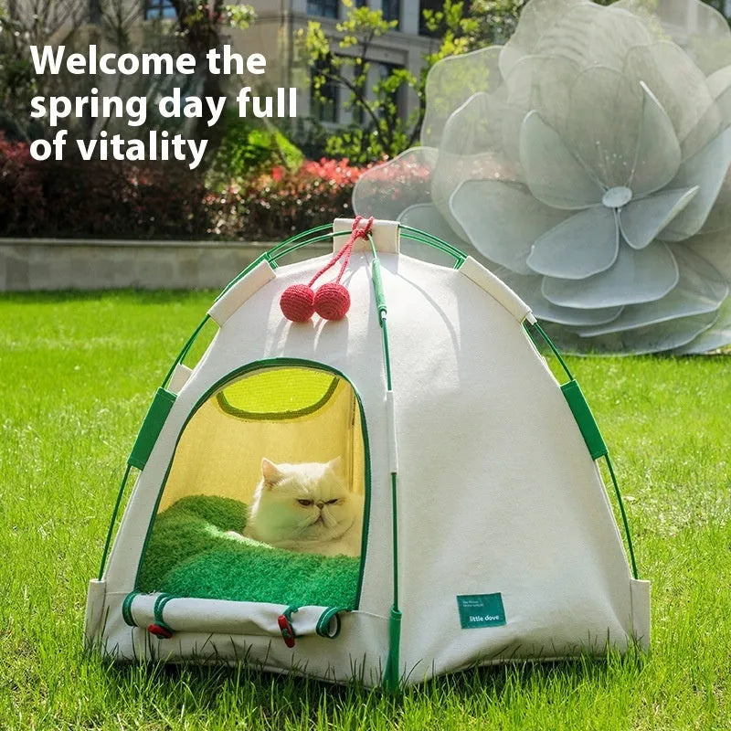 Dome-shaped cloth cat tent with optional thick padded mat for indoor pet sleeping