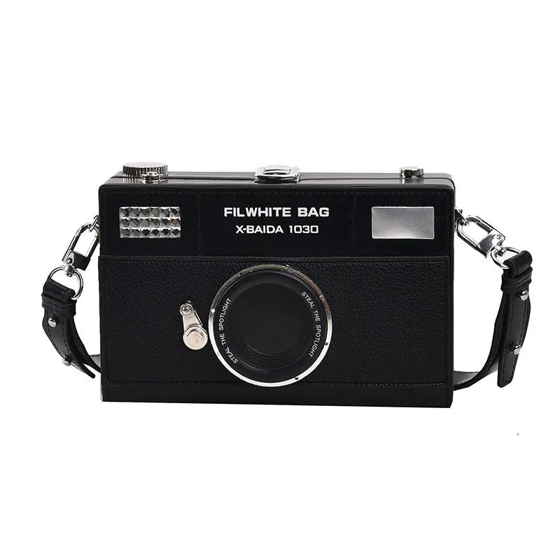 Soft PU mini crossbody chain camera bag with horizontal square design in black colour