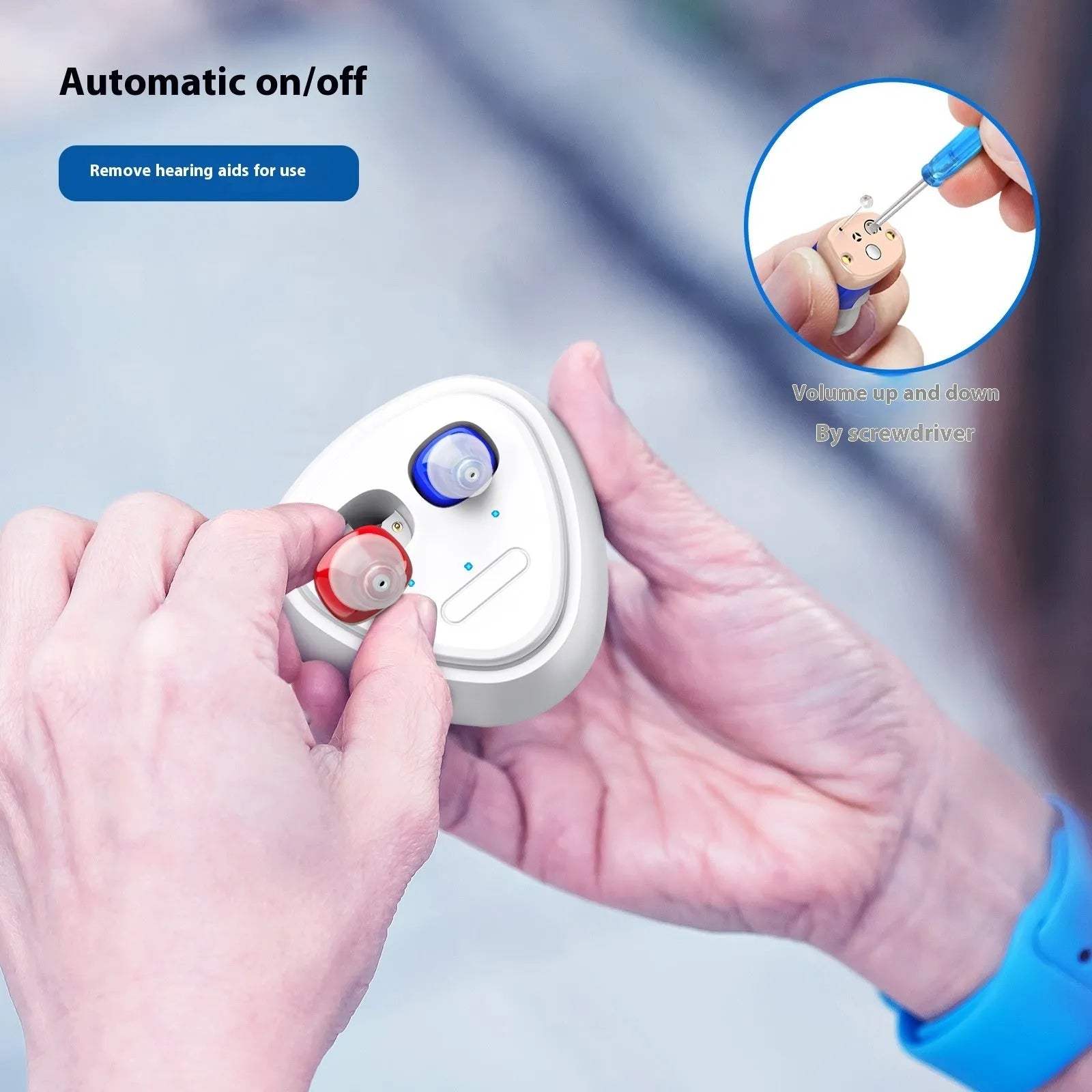 Rechargeable ultra-small in-ear hearing aid with USB charging, available in multiple colours