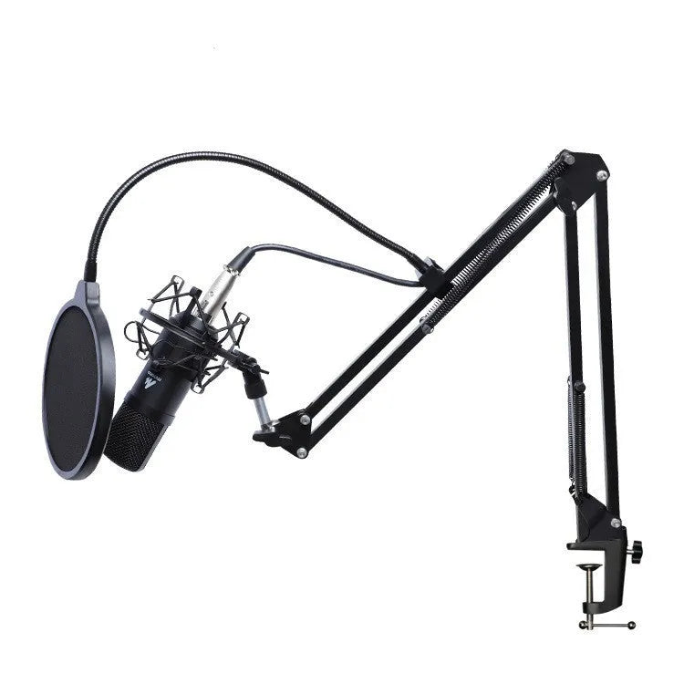Black wired capacitor microphone with shockproof support and cantilever frame for phone K song and computer recording