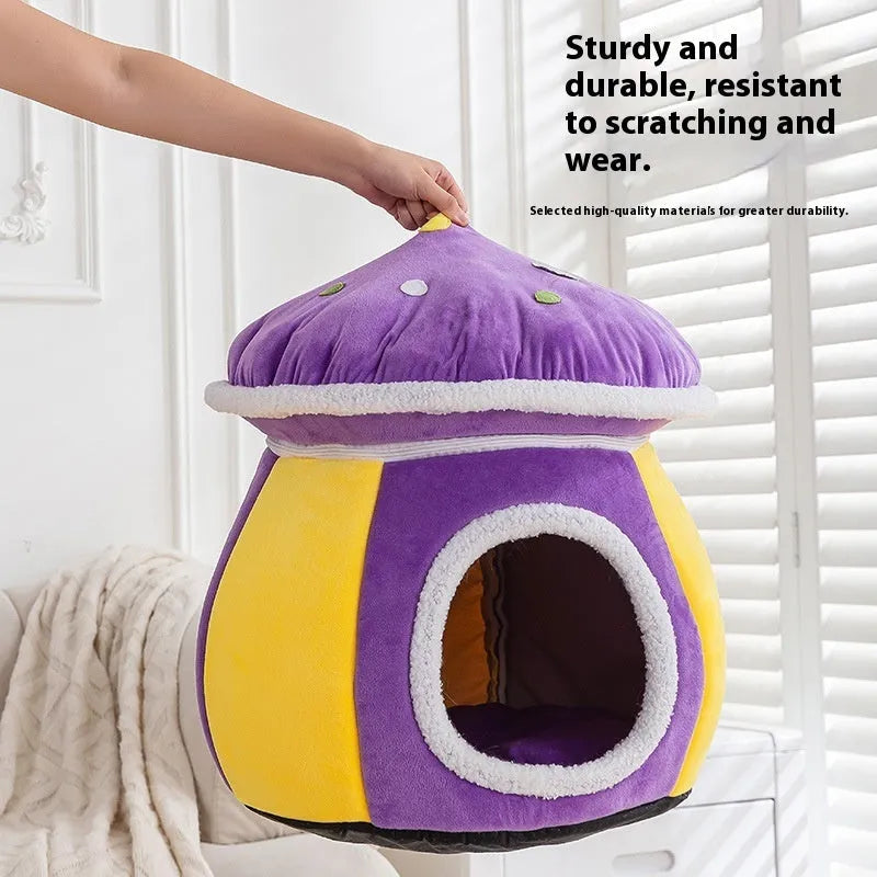Grey mushroom-shaped plush cat nest bed with a detachable inner blanket, shown with a cat inside.