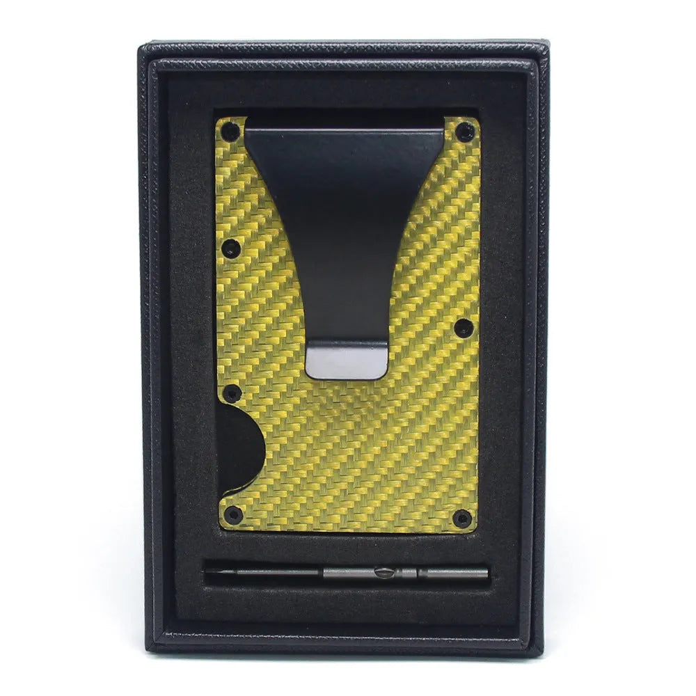 Geometric card holder in black carbon fibre showing slim 8mm profile and card capacity
