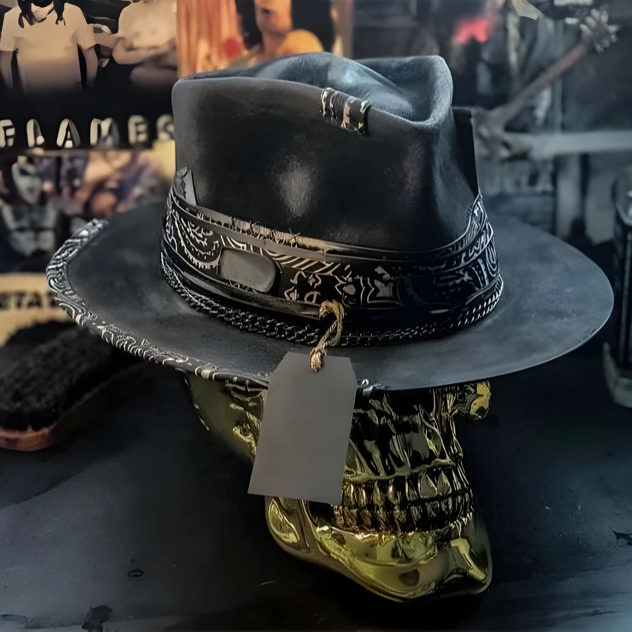 Handmade grey wool felt conical hat with a black embroidered skull design on the front.