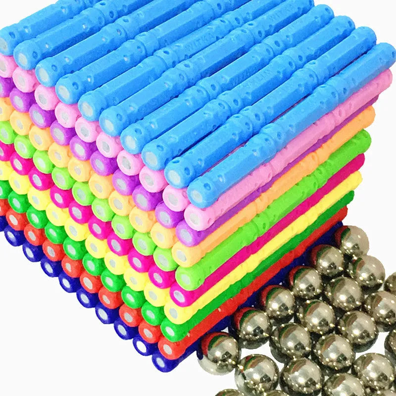 Magnetic building block toy with wooden rods, curved pieces, and 2.7cm balls for construction play