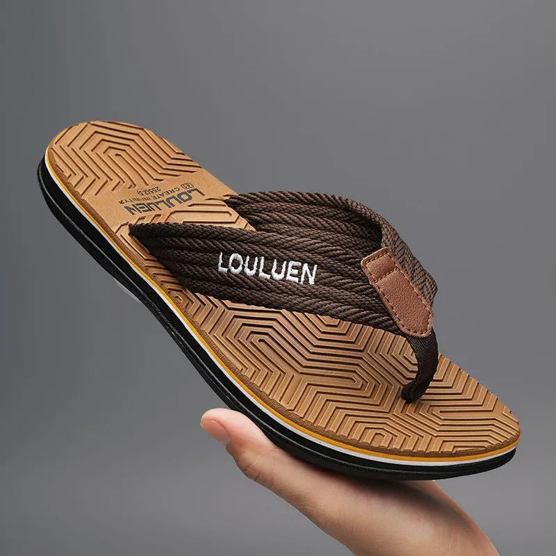 Men's black flip flops with EVA foam upper and textured PVC sole, shown on a neutral background.