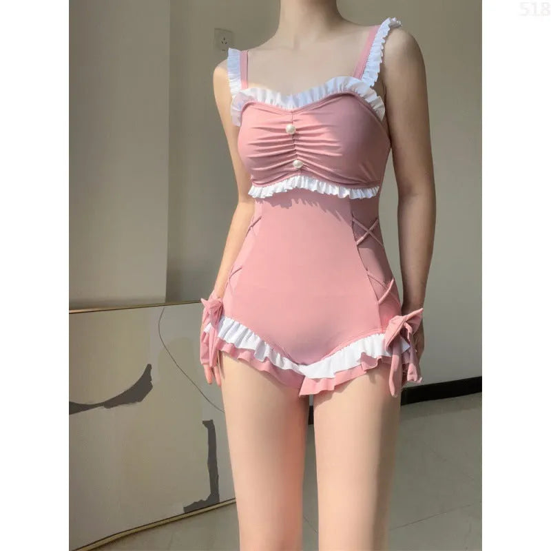 Women's milk silk one-piece swimsuit in solid pink or blue colour