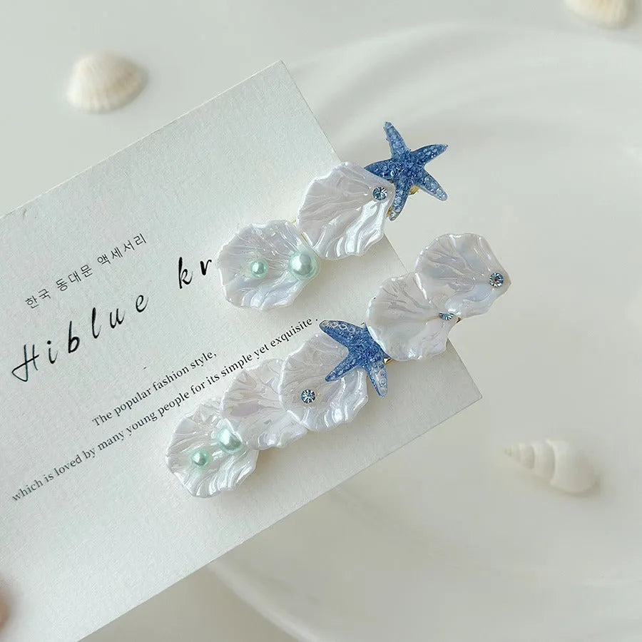 Women's starfish shell side bang clip barrettes in natural style, mixed material, multiple colour options including long and short.