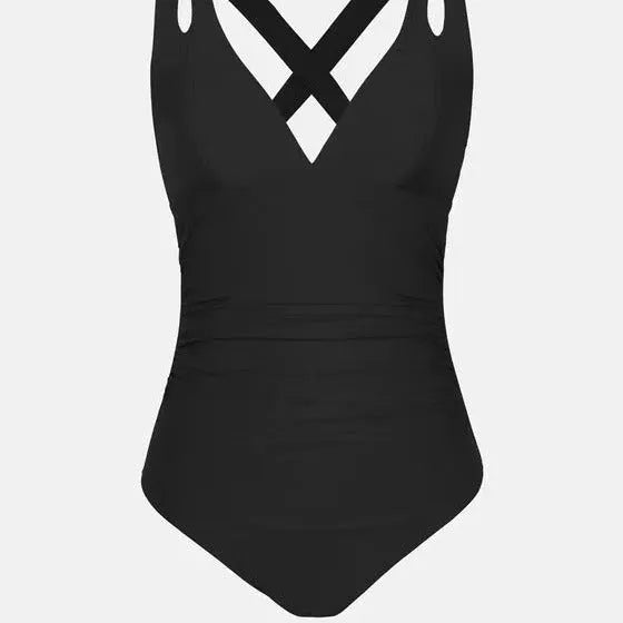 Solid colour one-piece swimsuit with triangle top and cross back shoulder straps