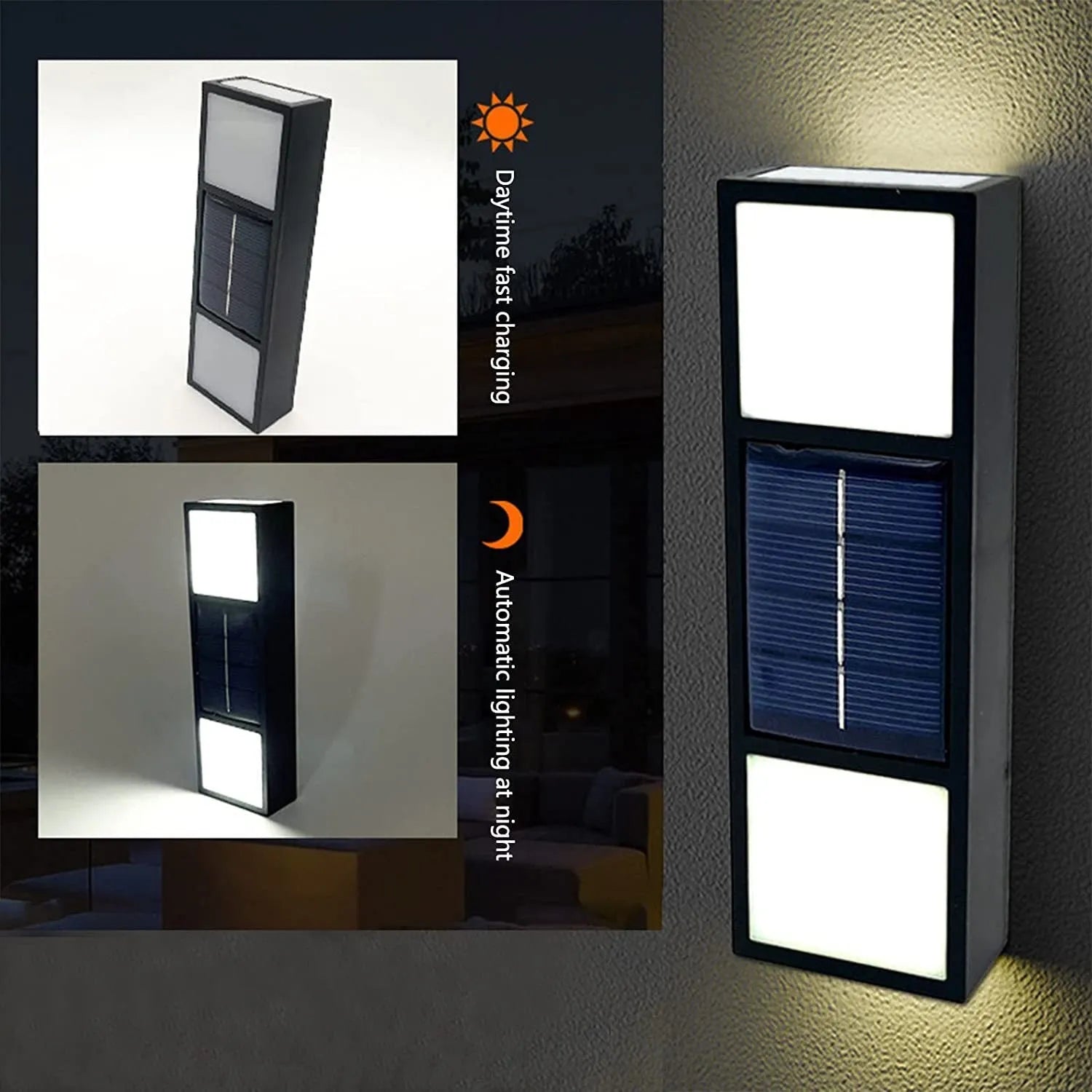 White solar wall lamp with bidirectional sensor mounted on a brick wall, showing warm light illumination
