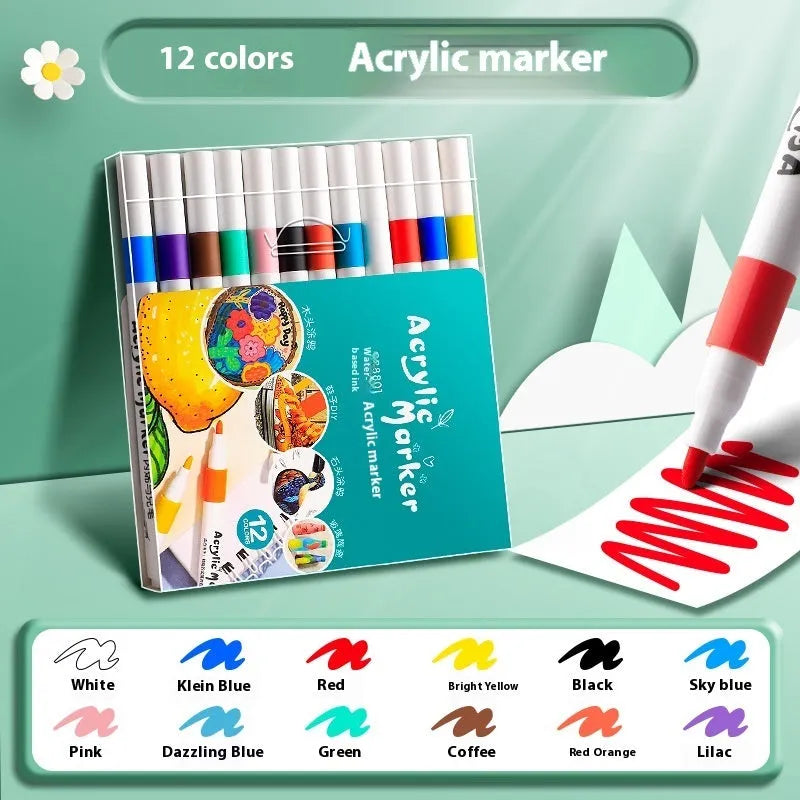 Boxed set of multicolour acrylic marker pens for student painting projects with plastic barrels