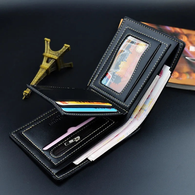 Men's short soft lychee pattern polyurethane leather wallet with multiple card slots and coin bag in black