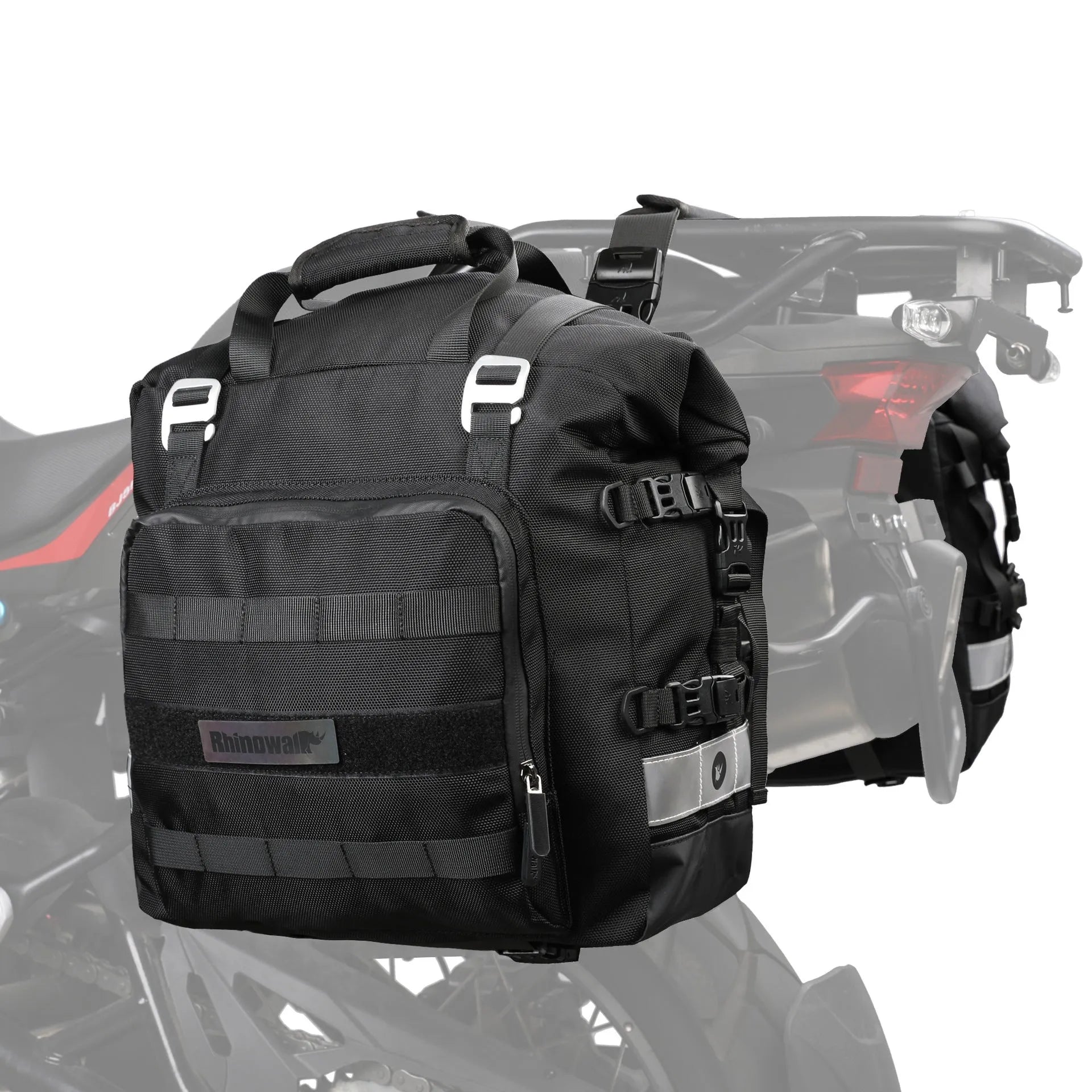 Motorcycle side bag with quick-release buckles shown in black and army green colours