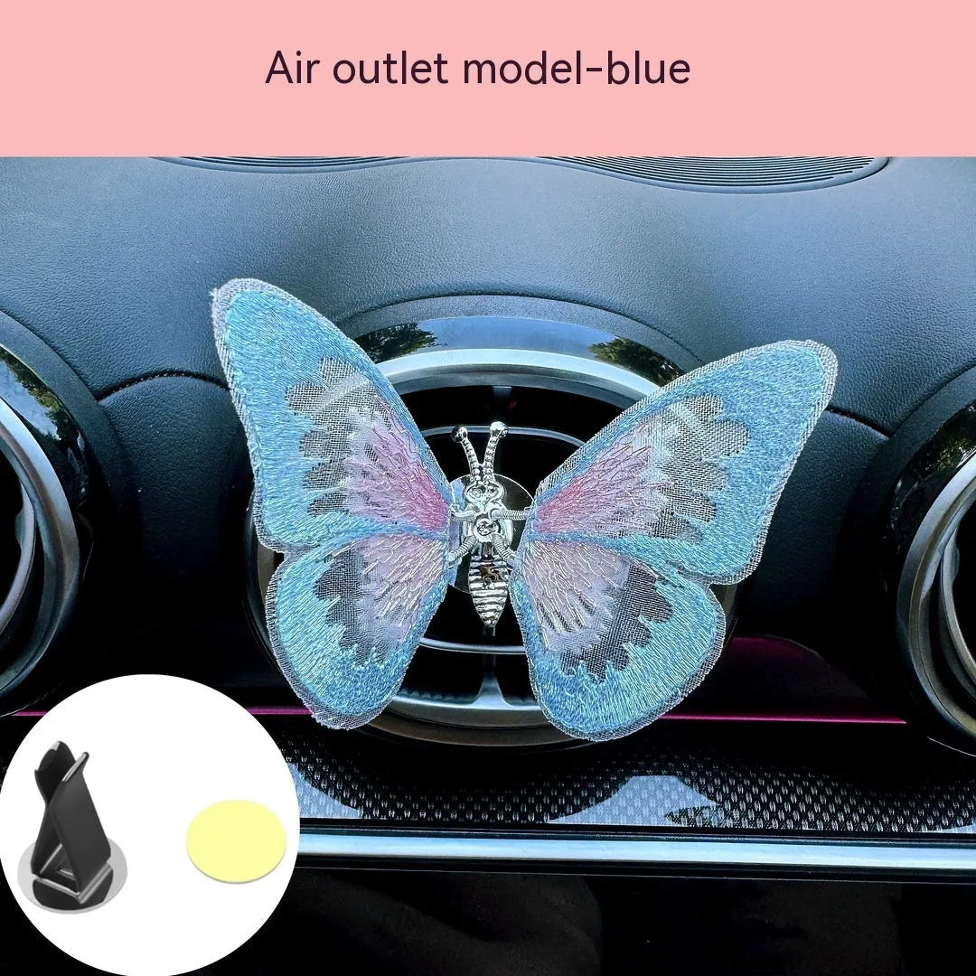 Moving embroidery butterfly fabric car centre console air vent decoration in multiple colour options