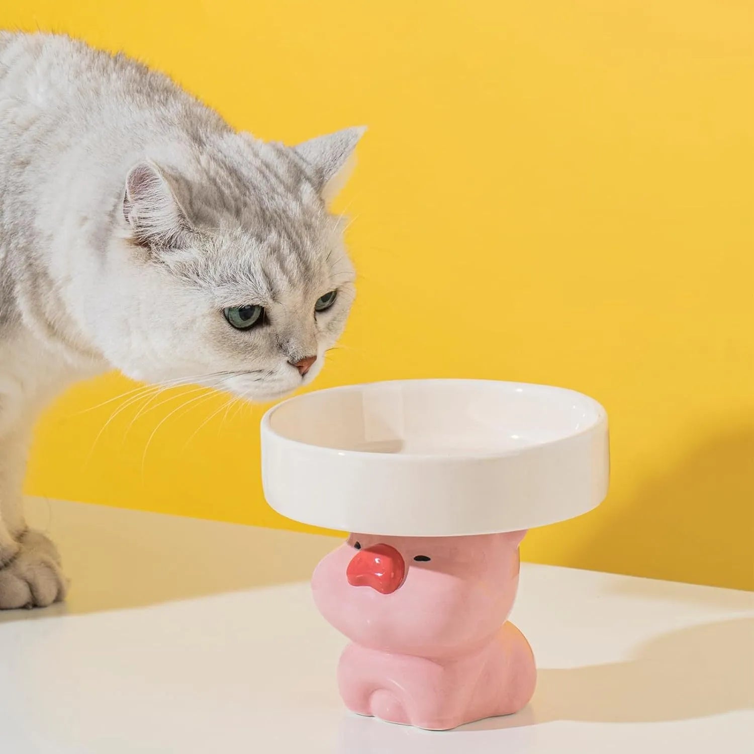 Raised ceramic cat bowl in animal design, showing 4.92-inch height and wide 15cm bowl.