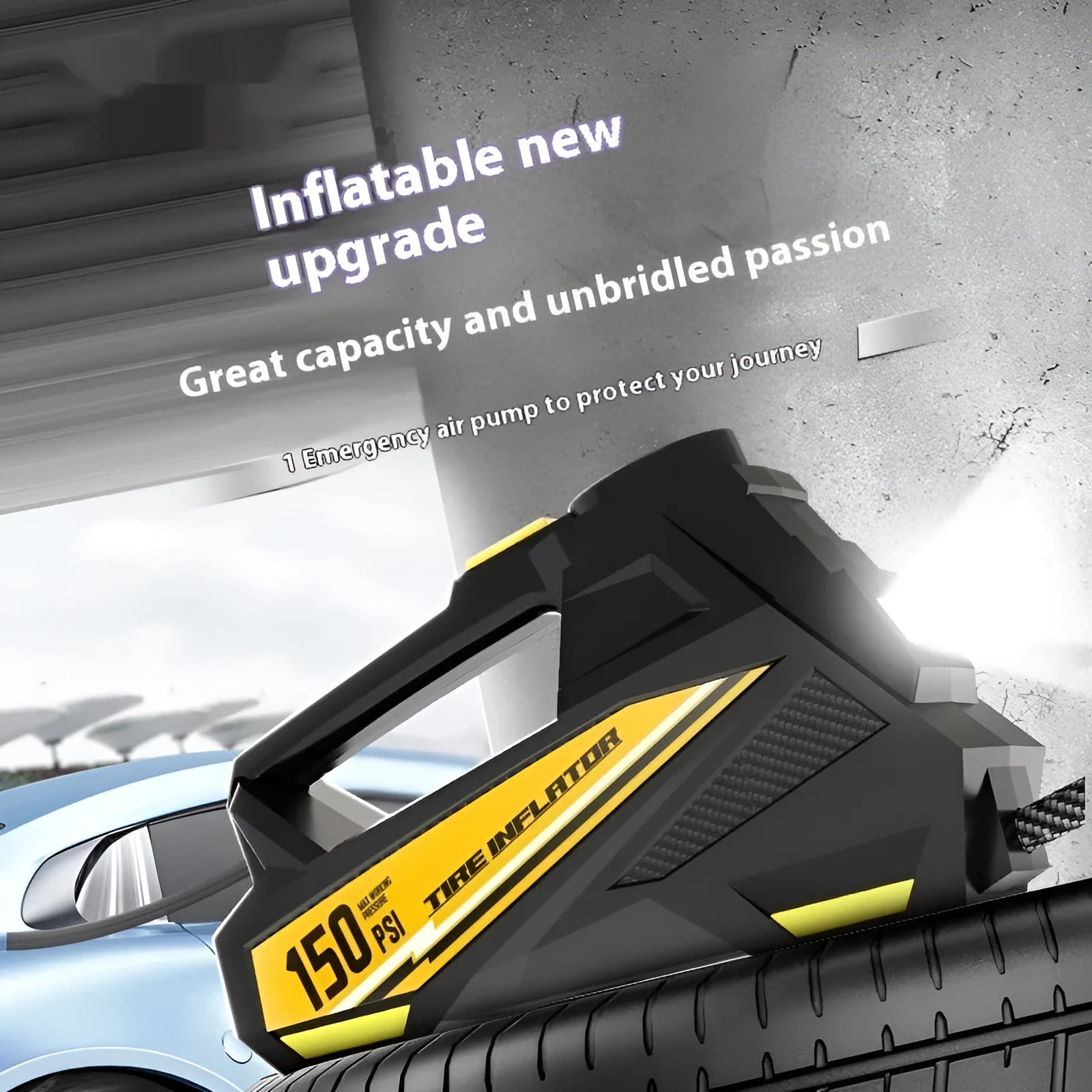Black portable car tyre inflator with digital display and hose, shown with 12V power plug