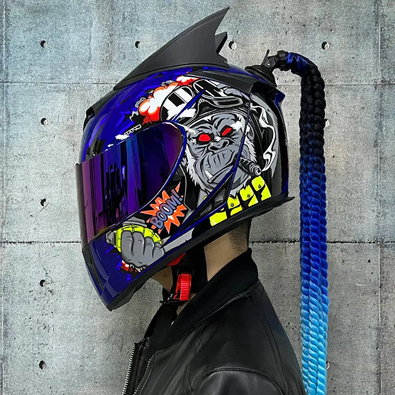Couples' dirty braids full-face motorcycle helmet in Black Clown design, showing ABS shell.