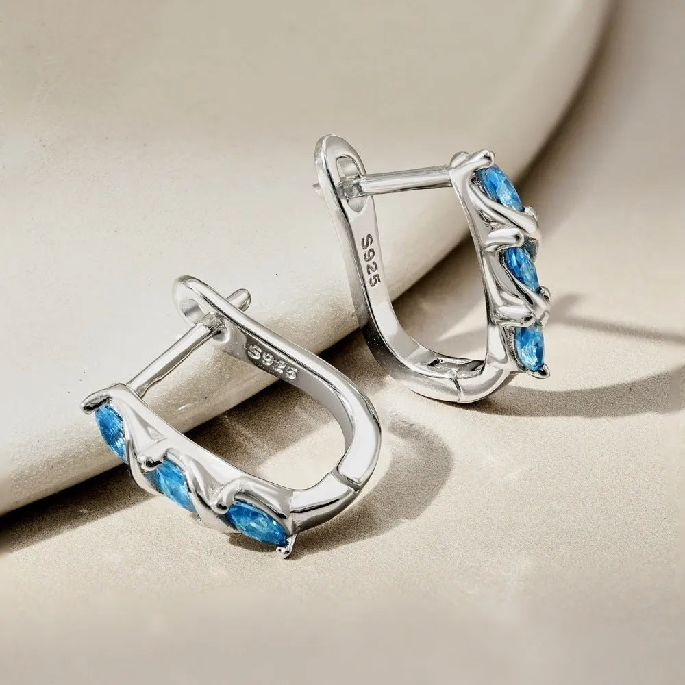 Women's 925 silver blue zircon symmetrical earrings, platinum blue diamond colour, 3 x 14 x 15mm, one pair