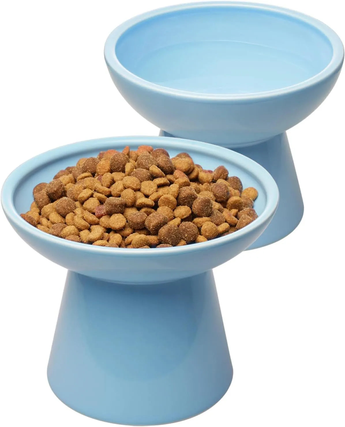 Elevated ceramic cat bowl in blue with wide shallow dish on weighted base