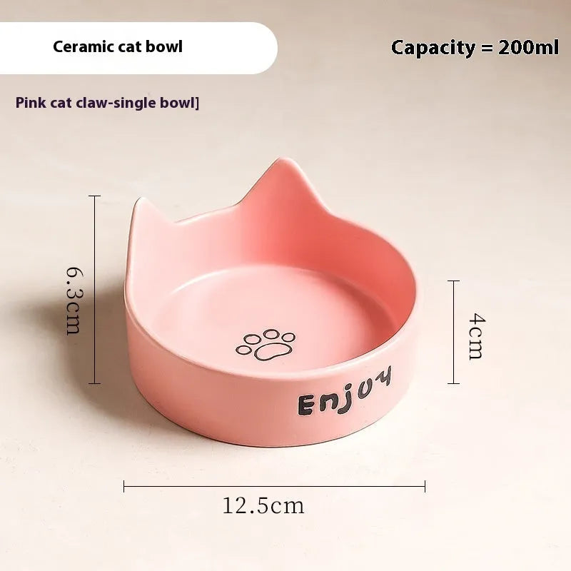 Ceramic cat bowl set with wooden anti-slip frame in cat paw design