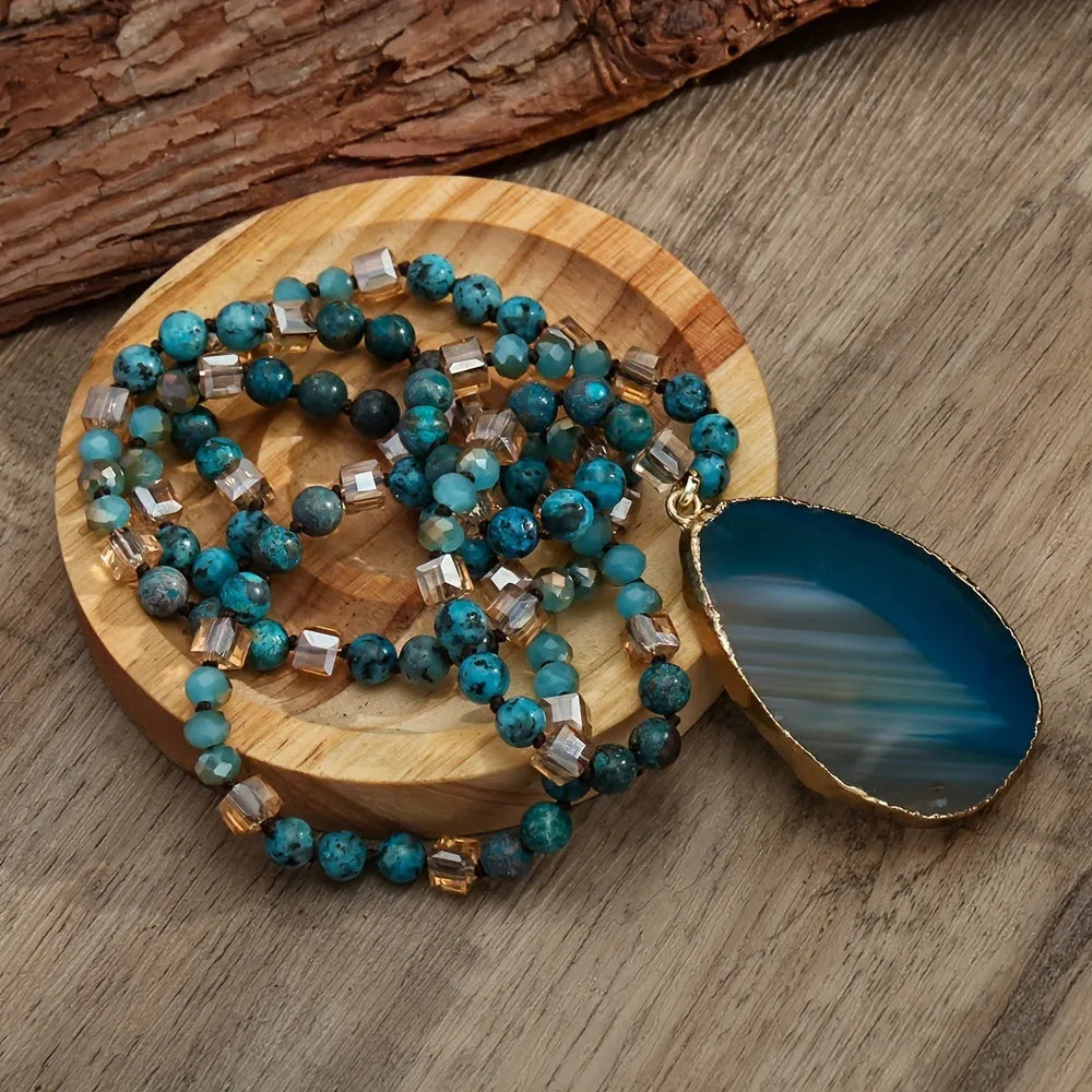 Bohemian 6mm natural stone striped agate water drop pendant necklace, 81cm knotted chain, handmade women's jewellery