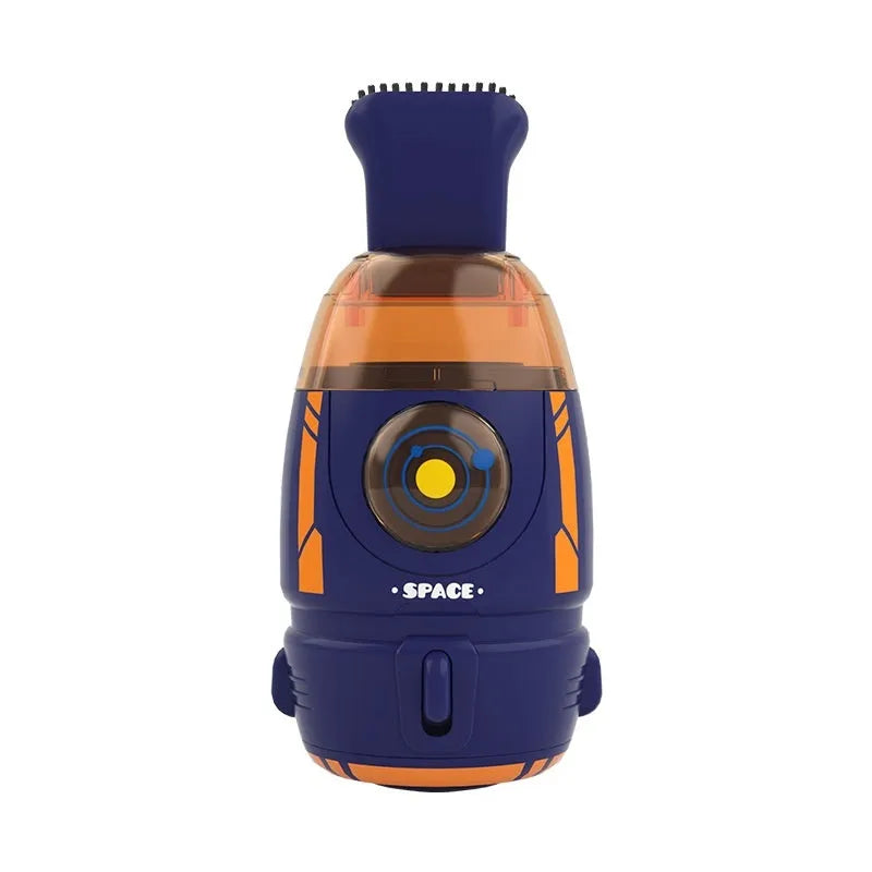 Blue rocket-shaped USB rechargeable handheld desktop vacuum cleaner on a wooden desk next to a keyboard