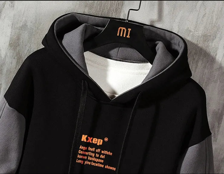 Men's Korean style fleece pullover hoodie in black with a hood and long sleeves
