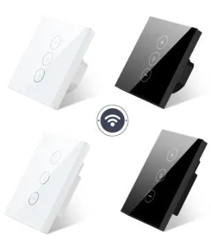 Black or white smart wifi touch dimmer switch with tempered glass panel for wall mounting.