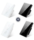 Black or white smart wifi touch dimmer switch with tempered glass panel for wall mounting.