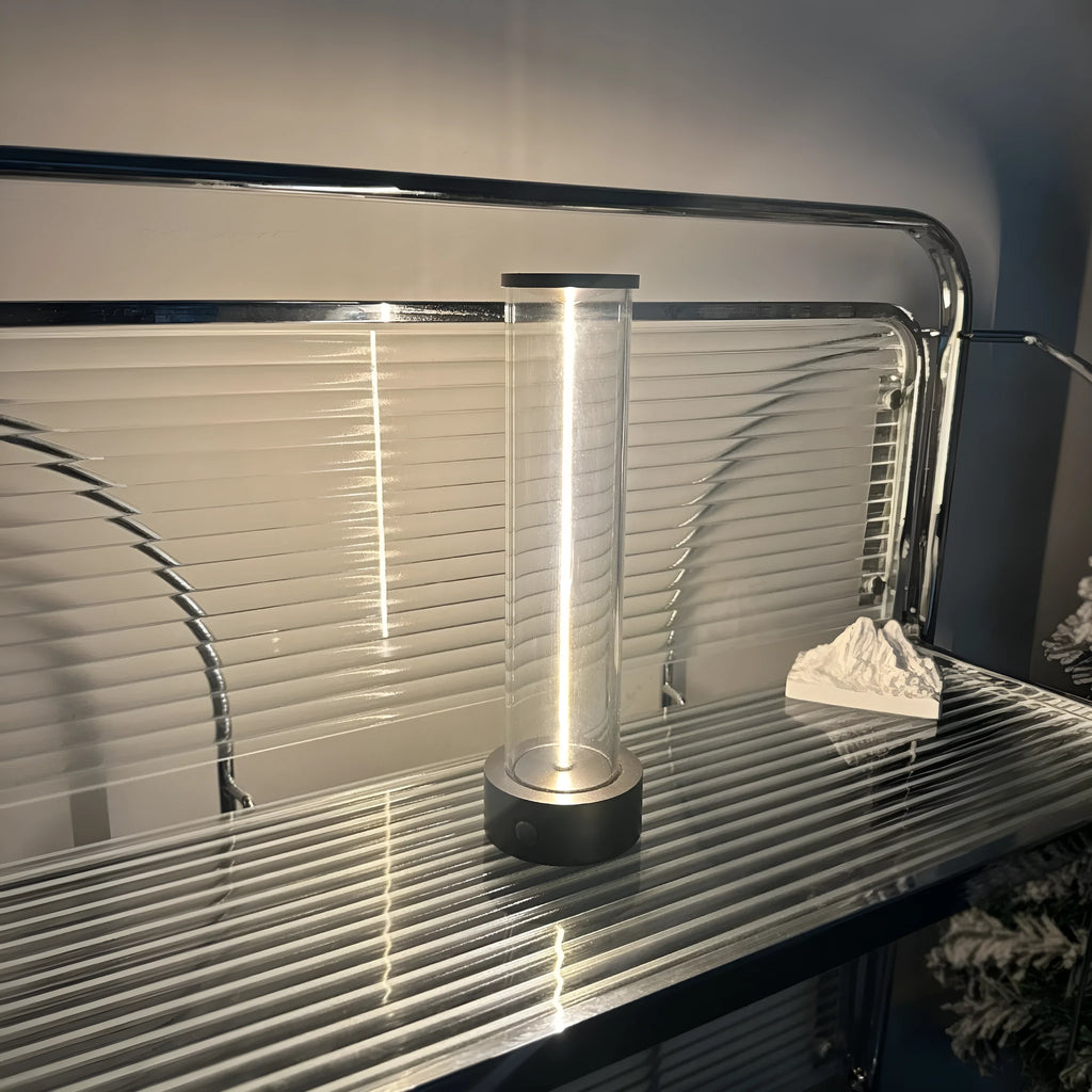 Modern USB-charged LED glass night light with magnetic base, dimensions 53mm by 234mm.