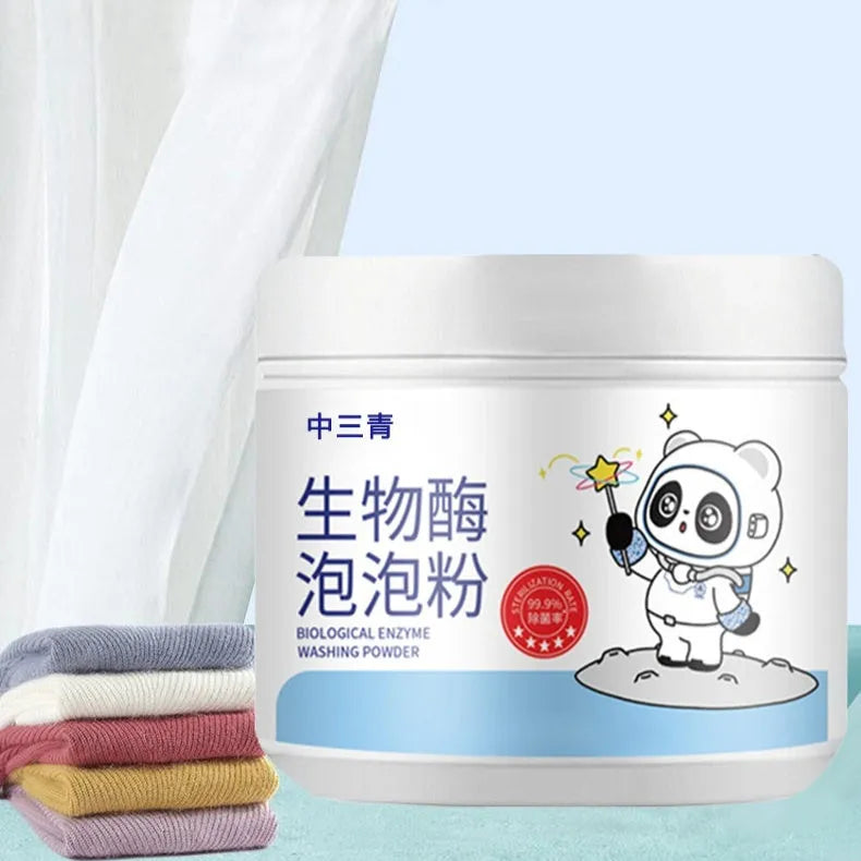 Bottle of biological enzyme active oxygen bubble laundry detergent powder for stain removal.