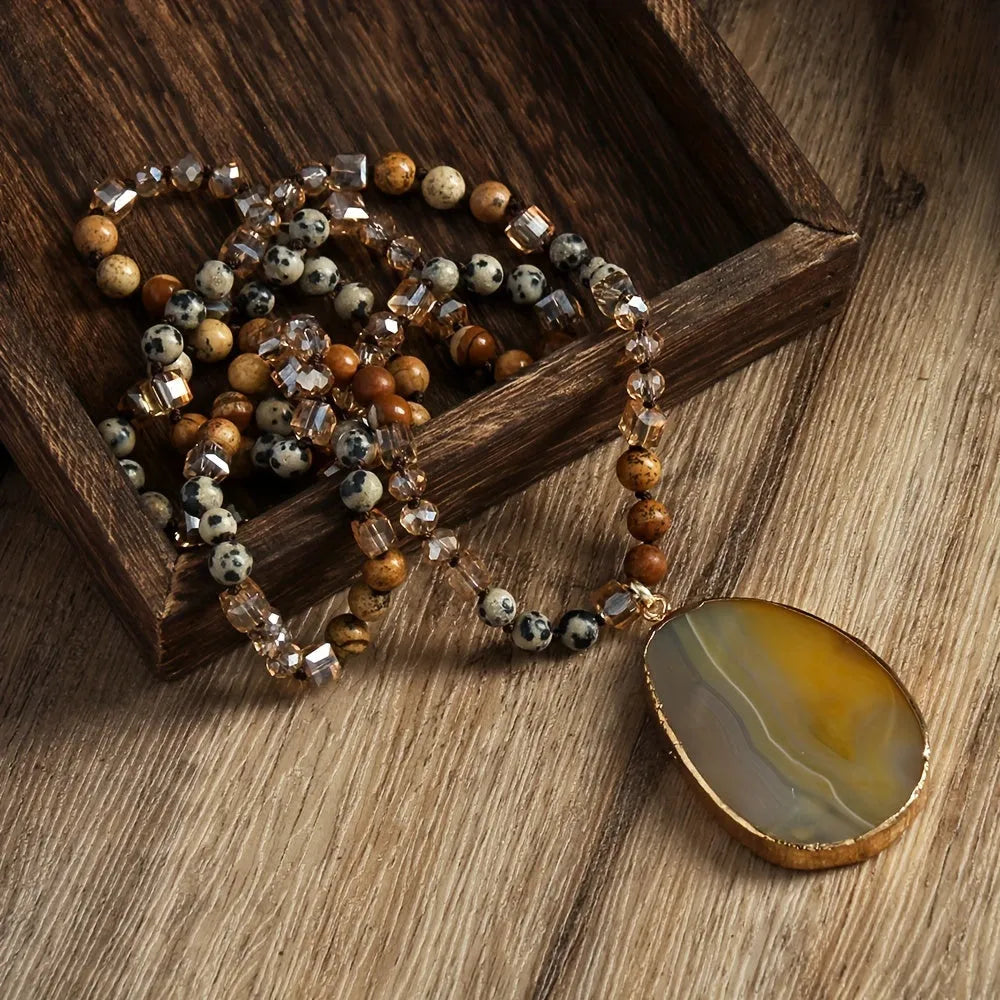 Bohemian 6mm natural stone striped agate water drop pendant necklace, 81cm knotted chain, handmade women's jewellery
