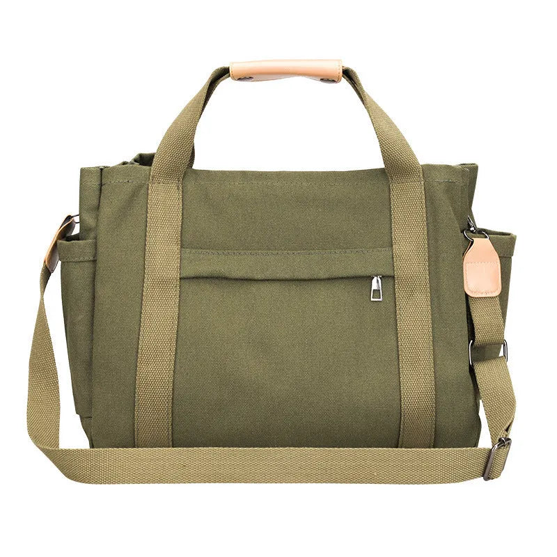 Canvas tote bag with multiple compartments in Army Green colour showing internal organisers