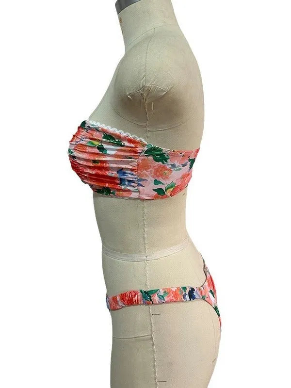 Women's printed floral bikini with lace trim and backless tube top design