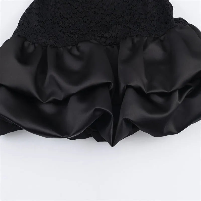 Women's simple stitching lace short dress in black with asymmetric hem and mid waist