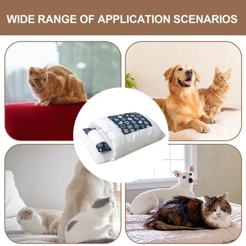 Grey cushioned pet bed house with a removable inner sleeping bag and a built-in pillow for cats and dogs.