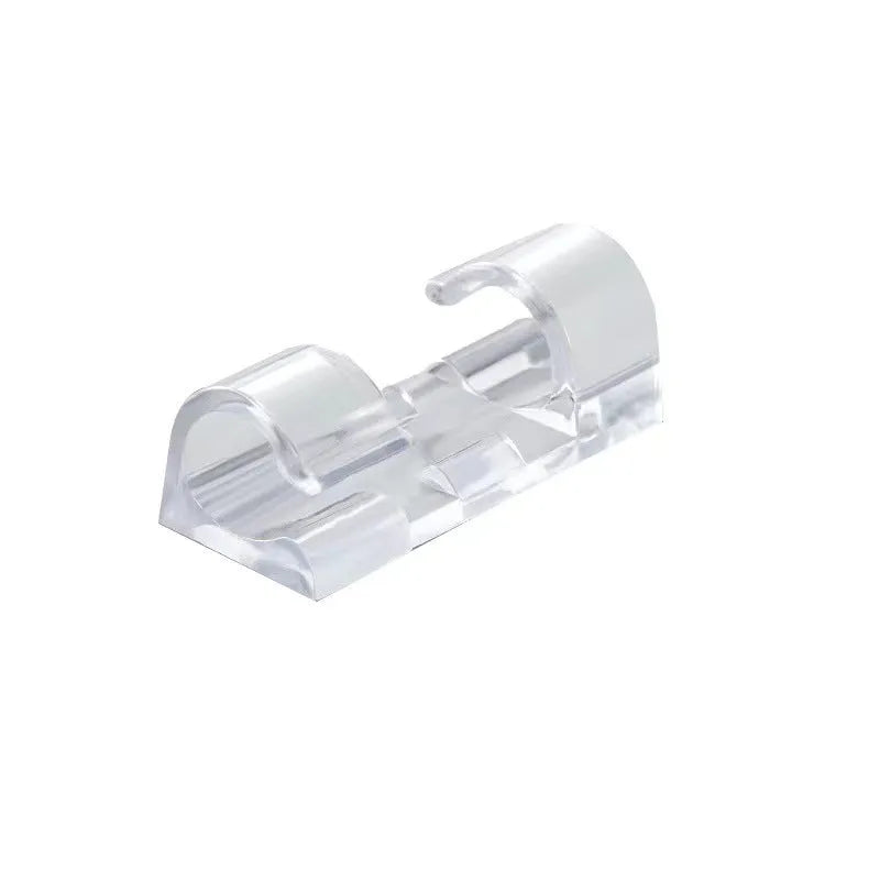 Transparent plastic self-adhesive cable clips for wire organisation in four size options