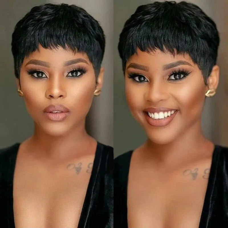 Short hair wig in black, light brown, or dark brown, made from high-temperature fibre, hot dyeable, mechanism style.